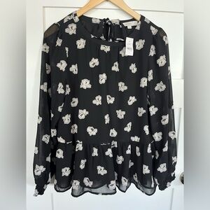 NWT LOFT Black Top with White Floral Design